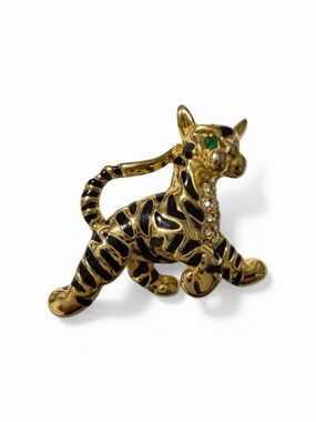 Vintage Black Enamel Cat Brooch Gold Tone Green Eye Rhinestone Statement Pin